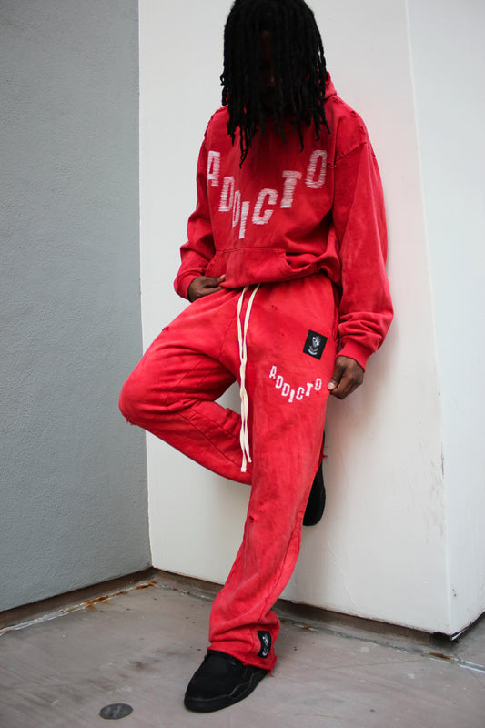 ADDICTO - RED Distress Acid Wash Hoodie + Sweatpants