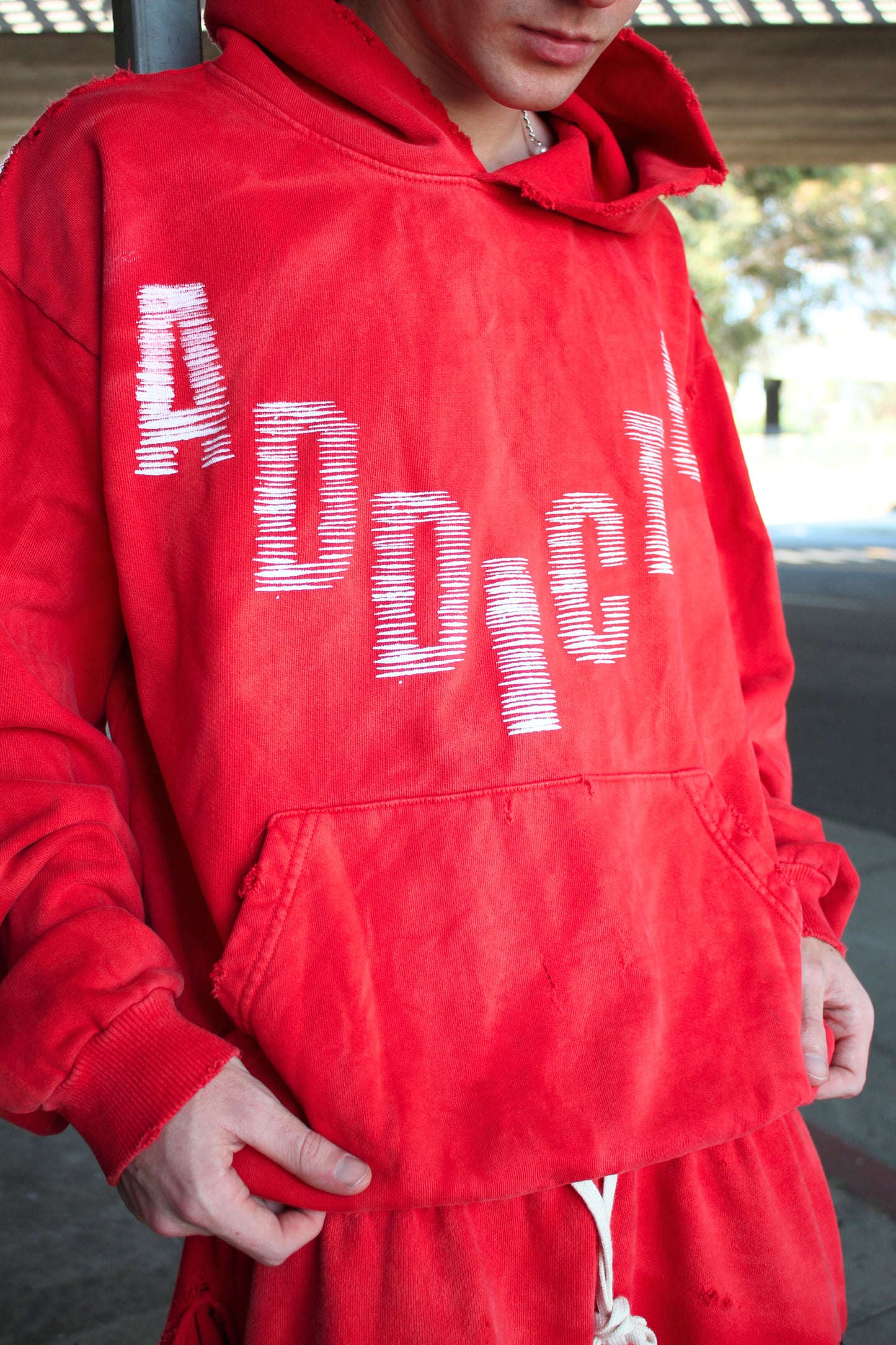 ADDICTO - RED Distress Acid Wash Hoodie