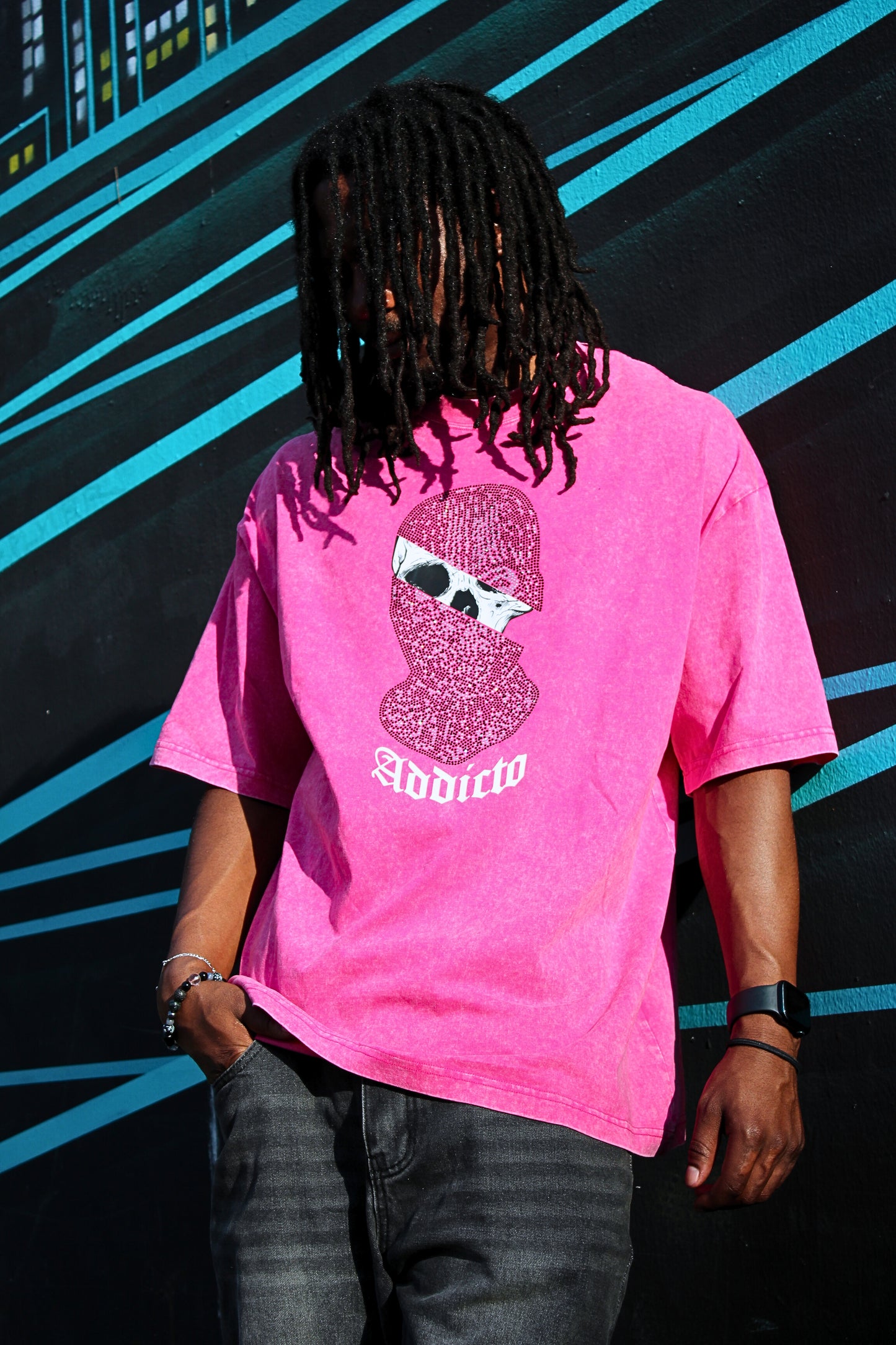 ADDICTO - DUSTY ROSE Rhinestone Acid Wash Tee