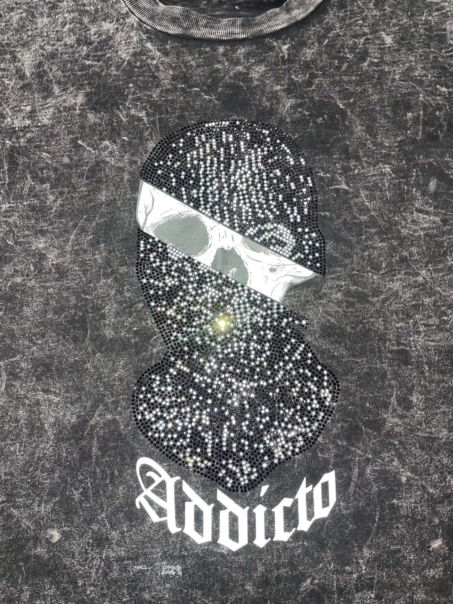 ADDICTO - BLACK Rhinestone Acid Wash Tee