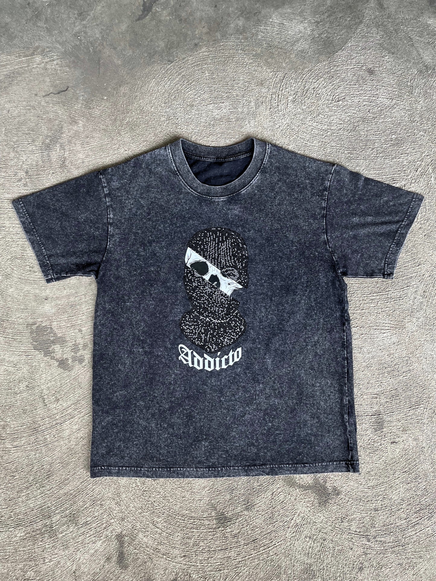 ADDICTO - BLACK Rhinestone Acid Wash Tee
