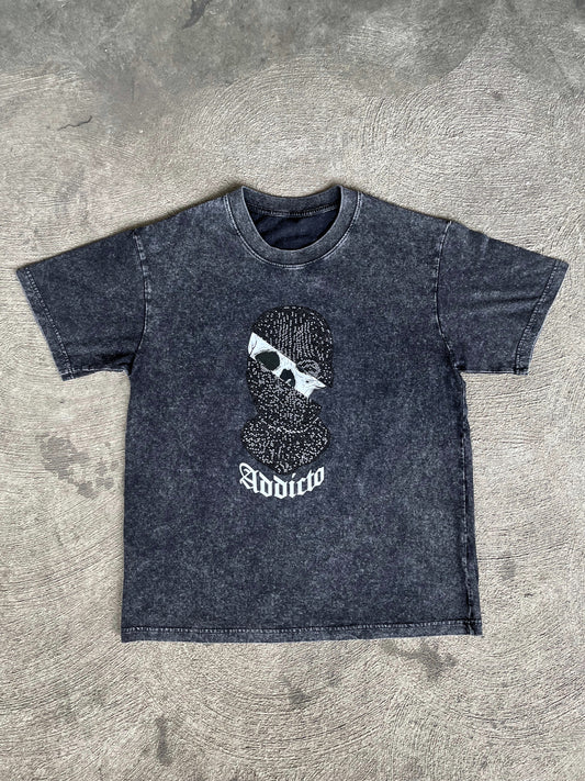 ADDICTO - BLACK Rhinestone Acid Wash Tee