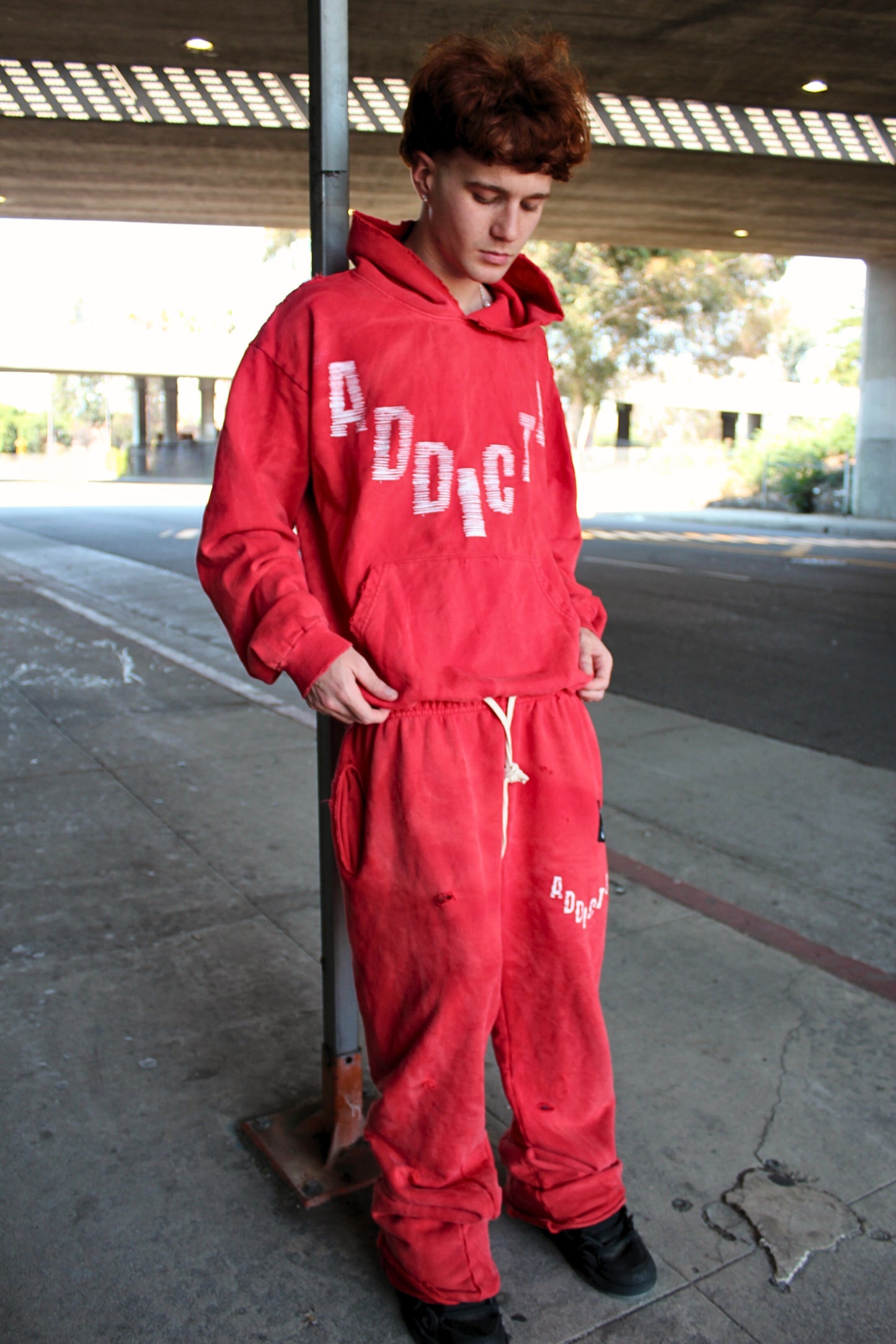 ADDICTO - RED Distress Acid Wash Hoodie + Sweatpants