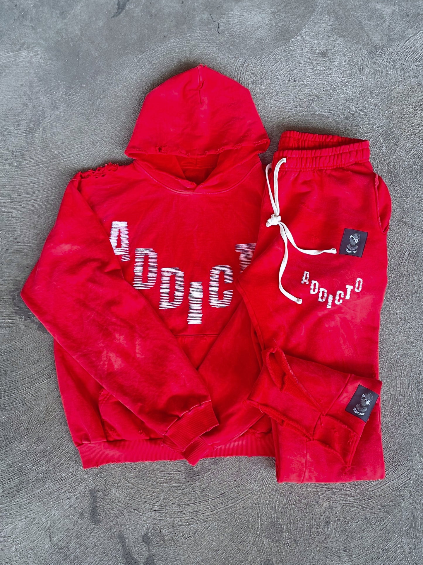 ADDICTO - RED Distress Acid Wash Hoodie + Sweatpants